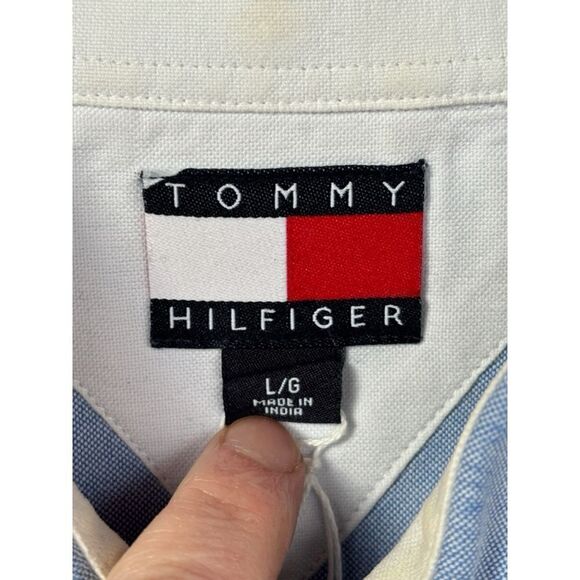 Tommy Hilfiger Men’s Large Pale Blue Button Down Poplin Long Sleeved Shirt •Flaw - Picture 9 of 14